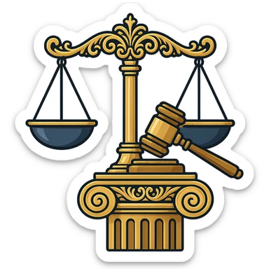 Vector illustration of a classic symbol of law (e.g. scales of justice, gavel, courthouse column), designed with elegant and refined lines. Include intricate golden detailing, soft gradients for a polished metallic look, and realistic shadows and highlights for depth. Style should be clean and professional, with a modern yet timeless feel. Transparent background sticker
