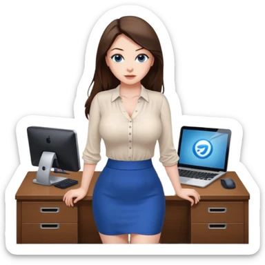 sexy woman brunette, very large breasts, pale skin, blue eyes, long brown hair, tight white blouse, short black skirt. office.  sticker