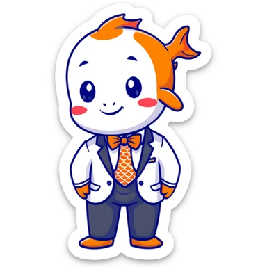 A charming and professional koi fish character, sleek rounded body with orange and white patterns, expressive eyes, friendly smile, wearing a neat business suit, white shirt, and tiny bowtie sticker