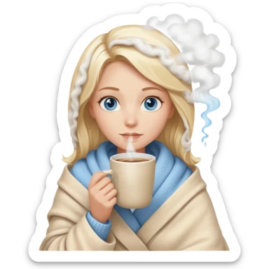Blonde with blue eyes wrapped up in a cozy blanket with a hot coffee sticker