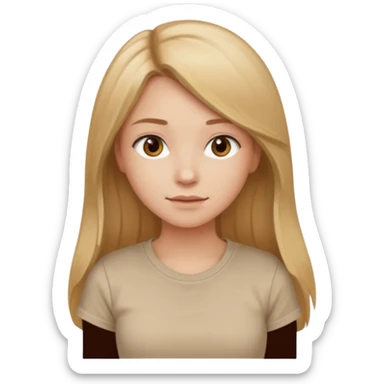 a girl with long light brown hair that is blond at the ends stands sideways in a beige T-shirt sticker