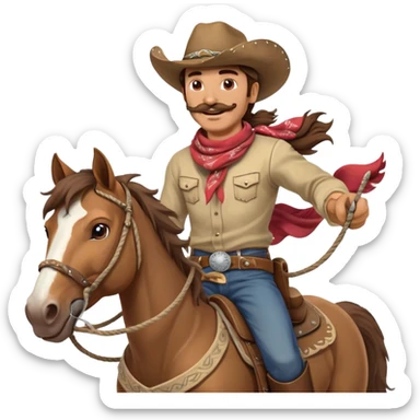 clash-of-clans-aesthetic_-cinematic-playful-cowboy-portrait-emoji, head-tilted with a roguish, cheeky grin and twinkling eyes, featuring a rugged, spirited build with a wide-brimmed cowboy hat and a weathered bandana on tan skin, brown hair and a moustache , riding a powerful galloping horse with dynamic flowing mane, reins gripped firmly in one hand and a lasso in the other, as dust swirls behind them in a vast desert landscape. sticker