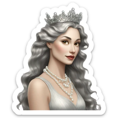 Regal pretty slender middle age woman photograph defined cheekbones high cheekbones crown vintage with very long iridescent black and silver hair wavy long hair pearl crown iridescent sticker