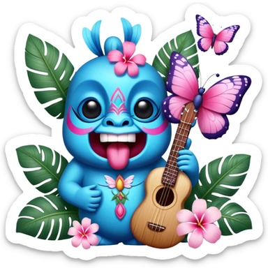 Pixar style little Blue and pink tiki singing with a butterfly and tropical flowers, ultra detailed and lifelike imagery, realistic sticker
