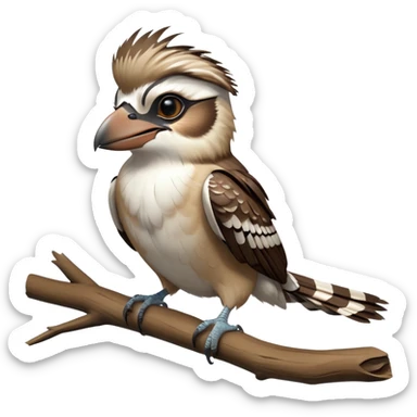 cinematic-kookaburra-realistic-full-body-perched-emoji,-compact-sturdy-frame-balanced-on-a-weathered-branch,-brown-and-white-feathered-wings-folded-neatly,-bold-striped-face-with-a-mischievous-glint-in-its-eye,-massive-sharp-beak-slightly-open-as-if-ready-to-laugh,-simplified-yet-realistic-focused-features,-highly-detailed,-glowing-with-a-warm-golden-light sticker