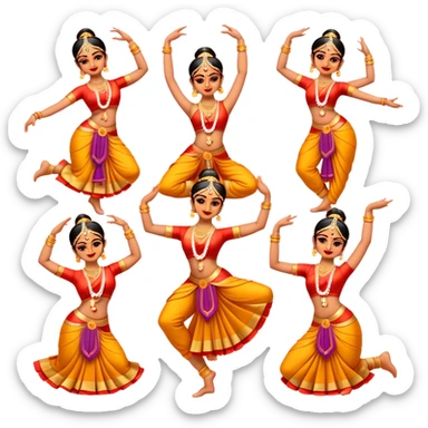 Cinematic Realistic Bharatanatyam Dance Emoji, depicted as an elegant classical Indian dance performance with graceful poses, intricate costumes, and expressive hand gestures, rendered with rich textures and warm dramatic lighting that captures its timeless beauty. sticker