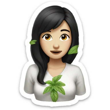 girl with mid lenght black hair and white skin snoking herbal sticker