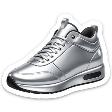 A pair of futuristic sneakers emoji made of silver chrome, sleek streetwear design, smooth metallic panels, subtle reflections, luxury swag aesthetic, iOS emoji style, centered, clean white background sticker