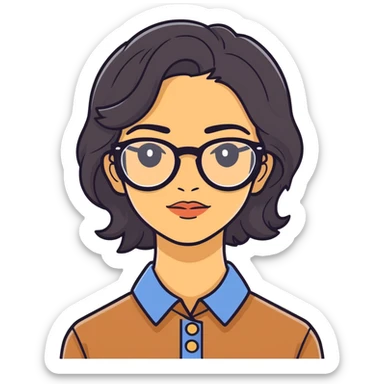 maestra con cabello semiondulado color negro, tez morena clara, lentes sticker