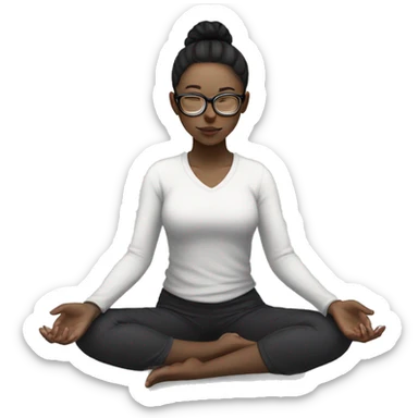 White skinned girl with glasses and a ponytail with black hair, meditating on the floor sticker