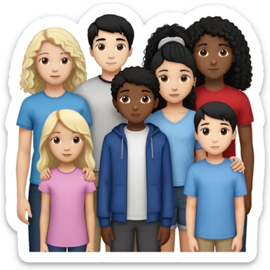Group of diverse friends standing together, including a dark-skinned boy with straight hair, a light-skinned boy with straight blonde hair, a light-skinned girl with straight black hair, a mixed-race girl with straight brown hair, a light-skinned boy with wavy black hair, a mixed-race girl with dark curly hair, and in the center a light-skinned girl with wavy brown hair sticker