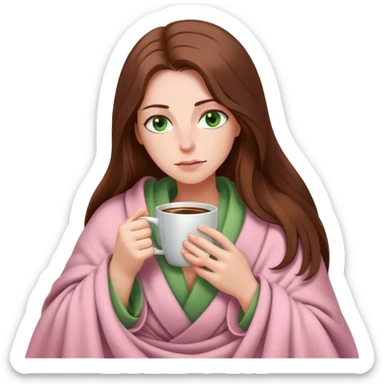 woman with very long brown hair and green eyes in a light pink blanket sleepy with coffee sticker