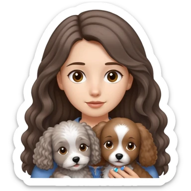 A girl with long straight hair holding a small light gray curly-haired dog sticker