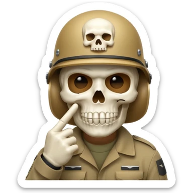 A bold emoji-style white skull wearing a realistic modern army helmet, making a shushing gesture (index finger bone held up to mouth area). Clean vector style,modern emoji aesthetic.The helmet has detailed realistic texture. No body, just the skull and helmet sticker
