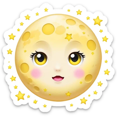 Full Moon and surrounded by stars light pink and yellow kawaii with black wide eyes sticker