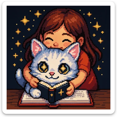 A kitten sitting at a table holding a book with stars in its eyes, and a girl hugging him from behind, pixel art style. sticker