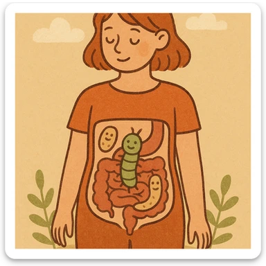 educational cartoon style anatomical section of female body showing intestine with few stylized smiling parasites, light colors, educational atmosphere, no gruesome details, 4K resolution sticker