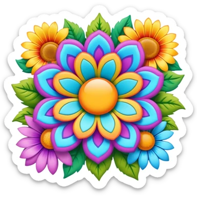 Create a 3D ultra detailed psychedelic colored hippie style flower border  sticker