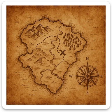 A large, realistic treasure hunt map of an imaginary island, featuring classic elements like an X marking the treasure, dotted paths, mountains, forests, rivers, a compass rose, and old parchment texture. Style: detailed, weathered, and adventurous. sticker