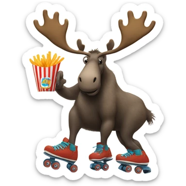 Moose eating French fries on roller skates  sticker