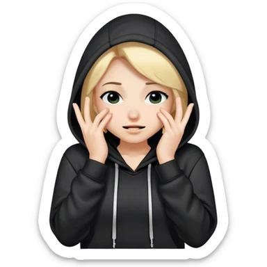 A girl wearing a black hoodie smirking and covering her eyes with the hood she's wearing sticker