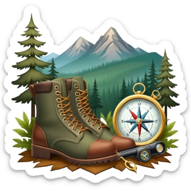emoji for Hunting Tourism: a hunting rifle, hunting boots and a compass on a forest background, with a silhouette of wildlife in the distance. The icon should capture the adventure and connection with nature in hunting tourism. Transparent background. sticker