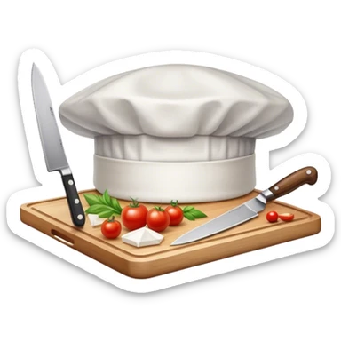 A photorealistic icon featuring a chef's hat, a cutting board with fresh ingredients, a knife, and a plate with a well-plated dish. Bright, detailed design with realistic textures and lighting. Transparent background, clearly symbolizing cooking and culinary arts. sticker