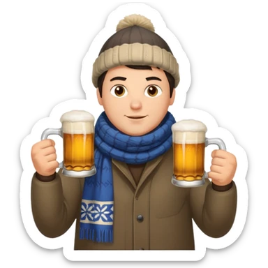 big slavic guy sitting in yoga pose, spiky short dark hair, holding beer mugs in two hands, winter dressed sticker