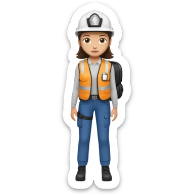 Brunette brown Girl full body standing with her white security helmet and security vest on, also with her black backpack sticker