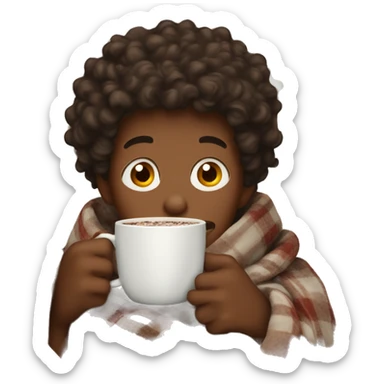 a cosy boy with curly hair wrapped in a blanket with a cup of hot chocolate sticker