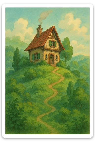 a house on a hill, Ghibli-inspired style, lush greenery, soft lighting, whimsical atmosphere sticker