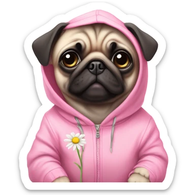 Cute Baby Pug with pink eyes wearing a pink hoodie eating daisy's  sticker
