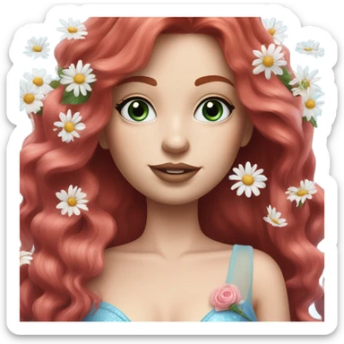 Realistic european woman with longer red  hair with pink roses & white daisies in hair wearing mermaid style blue dress sticker