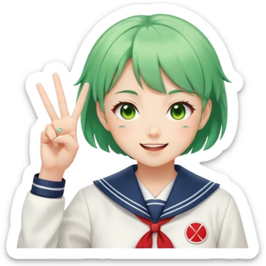 Energetic anime girl with short green hair wearing Japanese sailor style school uniform, winking and making double peace signs, very cheerful and bubbly, kawaii style sticker