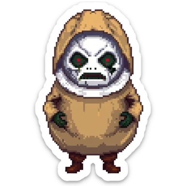 horror villain with burlap sack mask and dark hollow eyes sticker