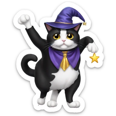 tuxedo cat on back legs as wizard sticker