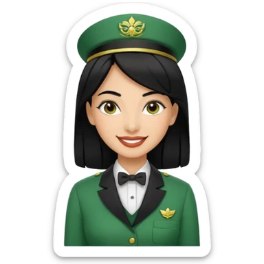 Lady hotel butler with green uniform black hair and just a lite bit brown skin and Arabic face sticker