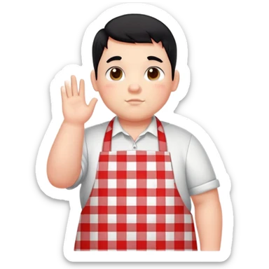 chubby boy with black hair styled upward in front, wearing a red and white checkered plaid apron sticker