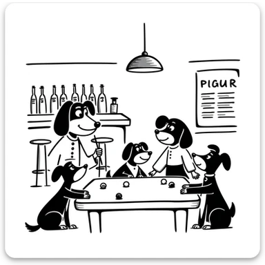 coloring page in Bobbie Goods style: group of dogs around a pool table in a bar, thick black lines, no color fill, ready to color sticker