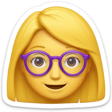 un emojis amarillo, con el cabello corto y lacio, con lentes violeta y una sonrisa sticker