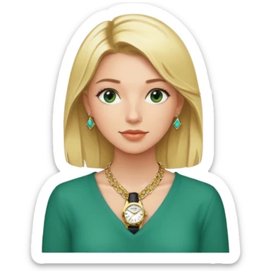 Breitling green faced watch on blonde girl wrist with gold necklace from a Tiffany and gold bracelets sticker