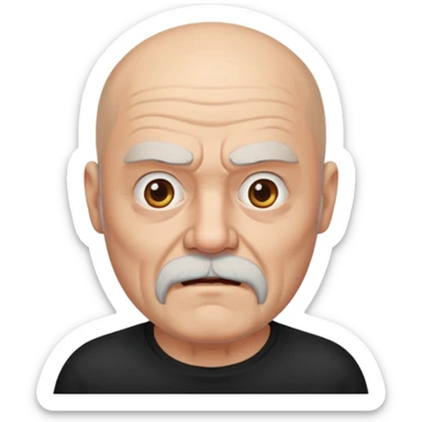 a portrait of aggressive elderly man, bald head, beard, wearing shirt sticker