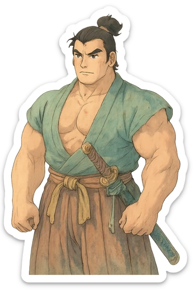 A muscular samurai with soft, dreamy colors and intricate details sticker