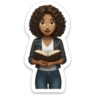 brunette curl mid length hair brown woman looking down at a book cozy aesthetic sticker