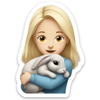 Blonde hair girl cuddling a cute grey rabbit sticker