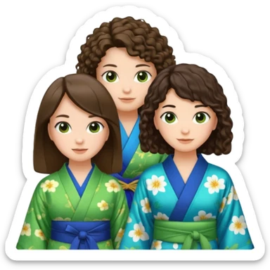 Two girls eating, one brunette with straight hair and another brunette with curly hair, emoji style, first girl has a blue kimono and the second girl has a green kimono sticker