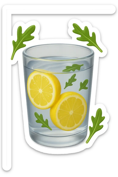 emoji stile iphone 3d di un bicchiere di acqua con limone e qualche foglia di rucola che fluttua intorno in aria, iperrealistico 4k sticker