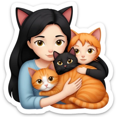 A black-haired girl hugs a ginger cat and A black cat sticker