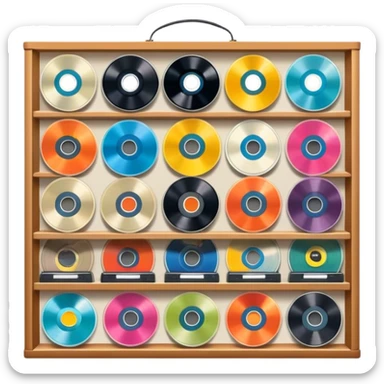 Icon for Vinyl Record Collecting: colorful vinyl records in decorative packaging featuring artist images, neatly arranged on a wall or shelf. The icon should reflect the aesthetic and artistic aspect of collecting vinyl records. Transparent background. sticker