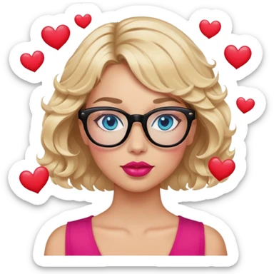 Blonde woman, short wavy hair, blue eyes and pink lips wearing black glasses, in love with read hearts floating above her sticker